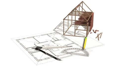 House under construction on blueprint - project for construction industry Stock-Illustration