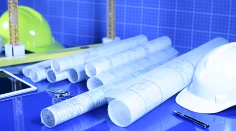 House under construction, blueprints and helmet, rullers, development Vídeo Stock 56377546