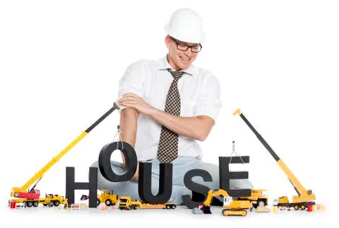 House under construction: Engineer building house-word. Stock Photos