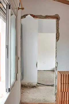House under construction inside view of a door frame Stock Photos