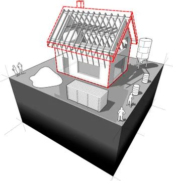 House under construction with roof framework diagram Stock Illustration