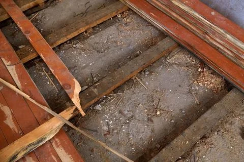 The house is undergoing renovation work to replace the old wooden floors Stock Photos