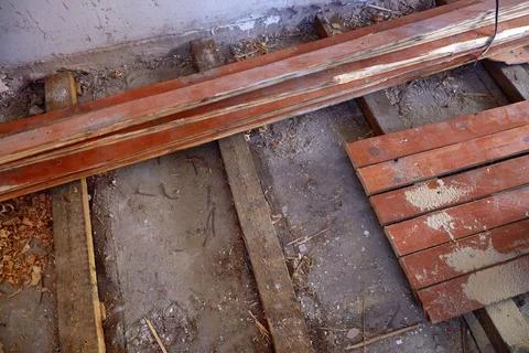 The house is undergoing renovation work to replace the old wooden floors Stock Photos