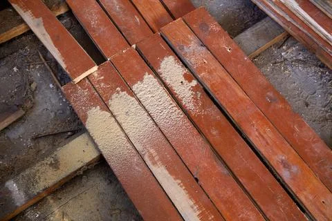 The house is undergoing renovation work to replace the old wooden floors Stock Photos