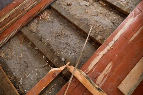 The house is undergoing renovation work to replace the old wooden floors Stock Photos
