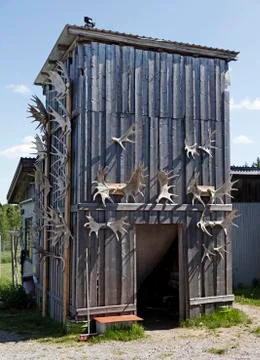 A house with various moose horns on the outside Stock Photos