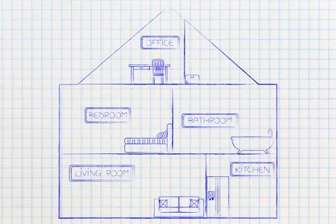 House with view inside semi-empty rooms with captions, home decoration concep Stock Illustration