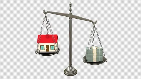 House vs dollar stacks balance scale – 3d render looped with alpha channel. Stock Footage 340143606