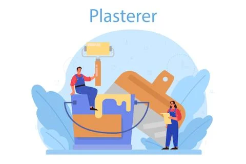 House wall plasterer concept. People in the uniform plastering Stock Illustration