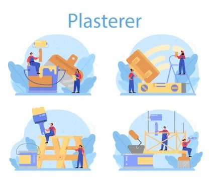 House wall plasterer concept set. People in the uniform plastering Stock Illustration