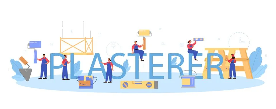House wall plasterer typographic header. People in the uniform plastering Stock Illustration
