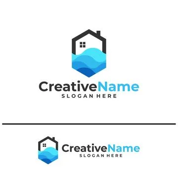 House with waves logo design concept. Beach resort villa logo design vector.. Stock Illustration