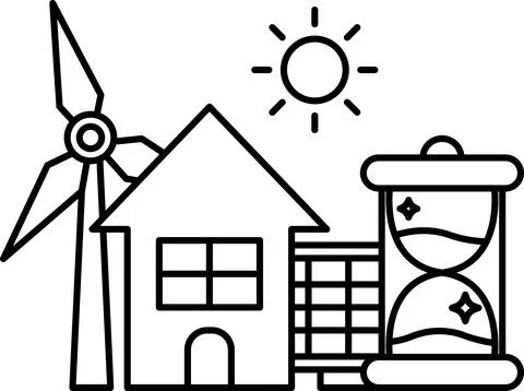 A house, a windmill, and a clock are all drawn together in a single image Stock Illustration