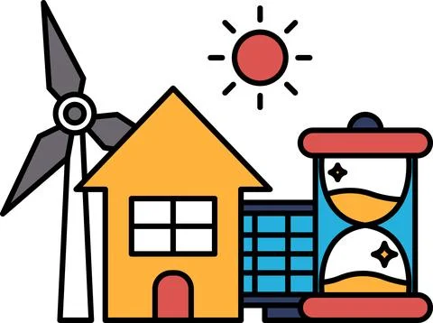 A house, a windmill, and a clock are all drawn together in a single image Stock Illustration