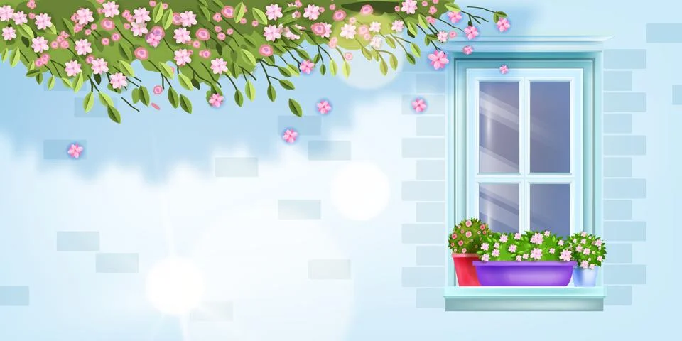 House window frame vector floral spring background, summer blossom brick wall 스톡 일러스트