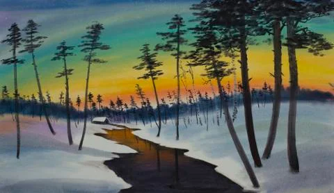 House in the winter pine forest by the river Illustrazione stock