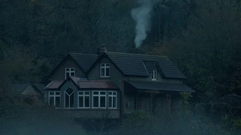 House In The Woods On Bleak Misty Day Stock Footage
