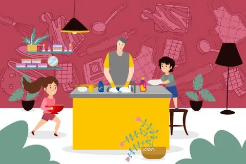 House work people at kitchen, vector illustration. Cartoon family clean room Ilustração Stock