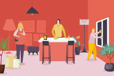 House work people vector illustration. Family member character do domestic work Ilustração Stock
