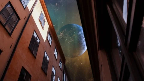 House with World view. Night time and surrealistic 3D rendering,  Stock Footage 116326476