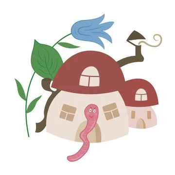 House for the worm. Wild boletus mushroom, bell flower, cute pink worm. Stock Illustration