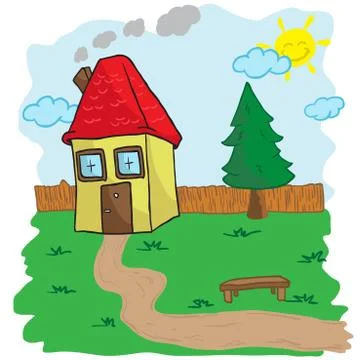 House with yard and bench Stock Illustration
