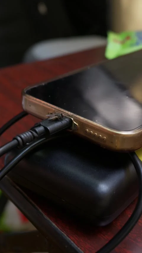 Housefly Sitting on Charging Cable Connected to Smartphone and Power Bank Stock Footage 341986166