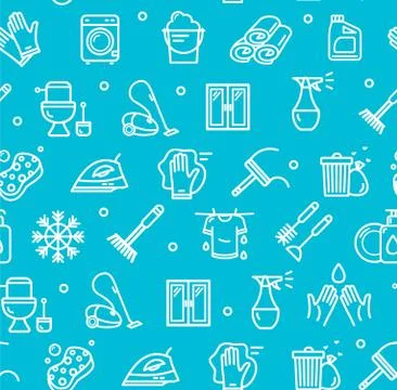 Household and Cleaning Tools Pattern Background on a Blue. Vector Stock Illustration