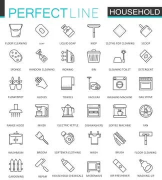 Household appliances thin line web icons set. Outline stroke icon design. Stock Illustration