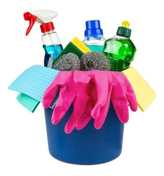 Household cleaners in bucket Stock Photos