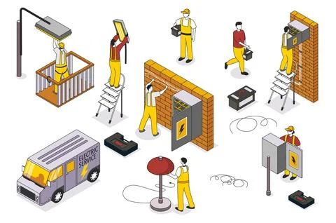 Household Electrician Isometric Elements Stock Illustration