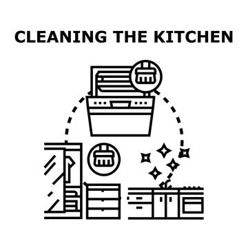 Household kitchen appliance cleaning task line drawing Stock Illustration