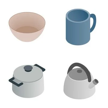 Household kitchenware objects isometric set illustration Stock Illustration