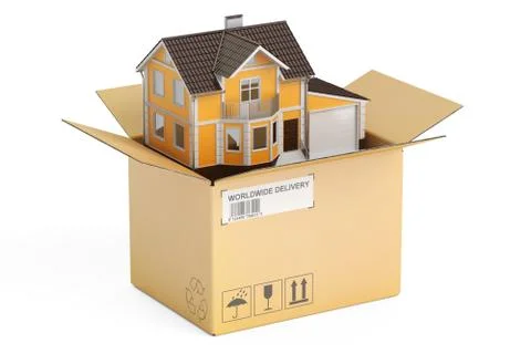 Household moving services concept. Parcel with house, 3D rendering Stock Illustration