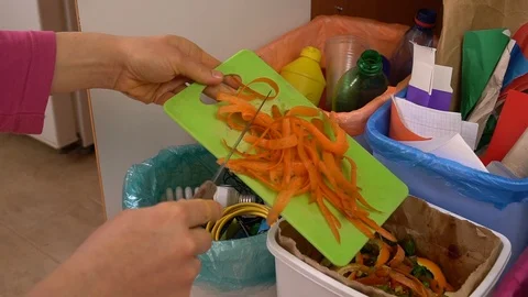 Household optical garbage separation system. Food waste - leftovers, vegetables Stock Footage 125728342
