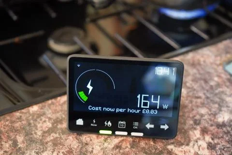 Household smart meter on a kitchen work top Stock Photos