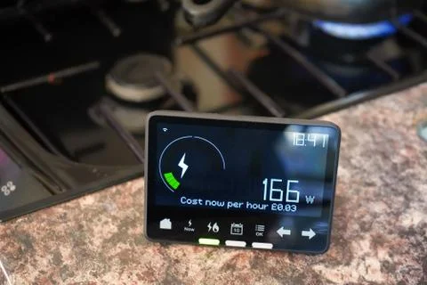 Household smart meter on a kitchen work top 库存照片