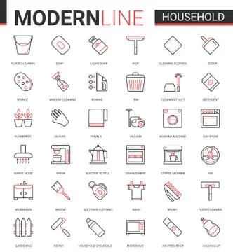 Household tools flat thin red black line icons vector illustration set, outline Stock Illustration