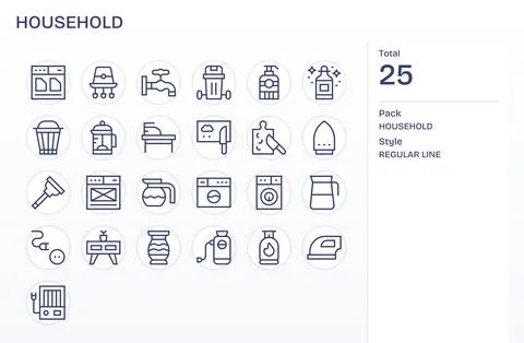 Household Vector Icon Library with 25 Regular Line 64x64 Detail Enhanced De.. Stock Illustration