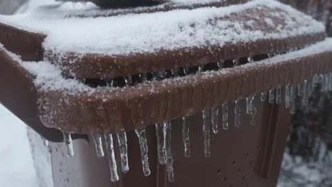 Household Waste Bin Covered with Ice and Snow, Close up Видео 274831582