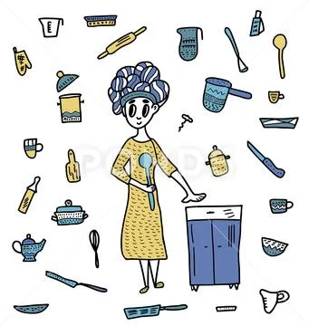 Housekeeper character and set of vector kitchen equipments in doodle style. C Stock Illustration