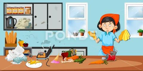Housekeeper in dirty kitchen Stock Illustration