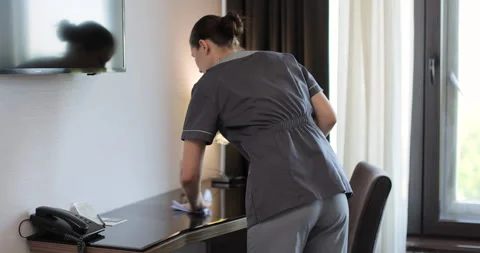Housekeeper in uniform dusting table in modern hotel room while performing daily Видео 313991502