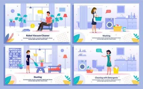 Housekeeping Activities Flat Vector Banners Set Stock Illustration