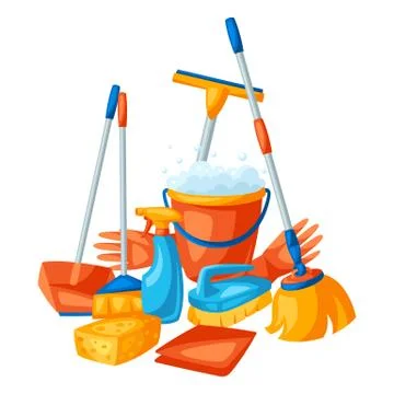 Housekeeping background with cleaning items. Stock Illustration