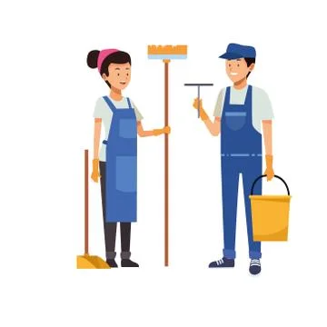 Housekeeping couple workers with tools characters Stock Illustration