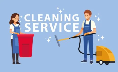 Housekeeping couple workers with tools characters Stock Illustration