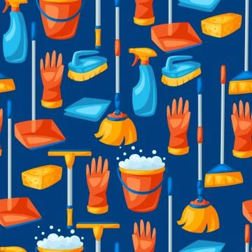 Housekeeping seamless pattern with cleaning items. Stock Illustration