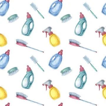 Housekeeping seamless pattern showcasing spray bottles, detergent, brushes, and イラスト素材