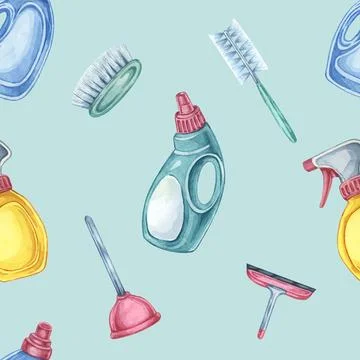 Housekeeping seamless pattern showcasing spray bottles, detergent, brushes, and 스톡 일러스트